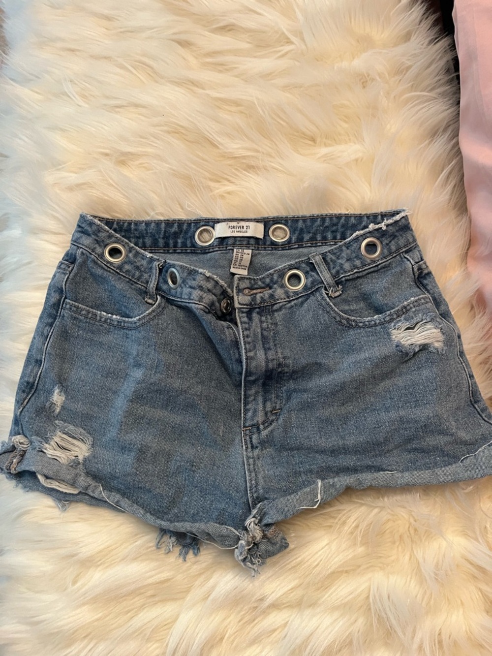 Forever 21 Distressed Light Blue Denim Shorts with Eyelet Waist